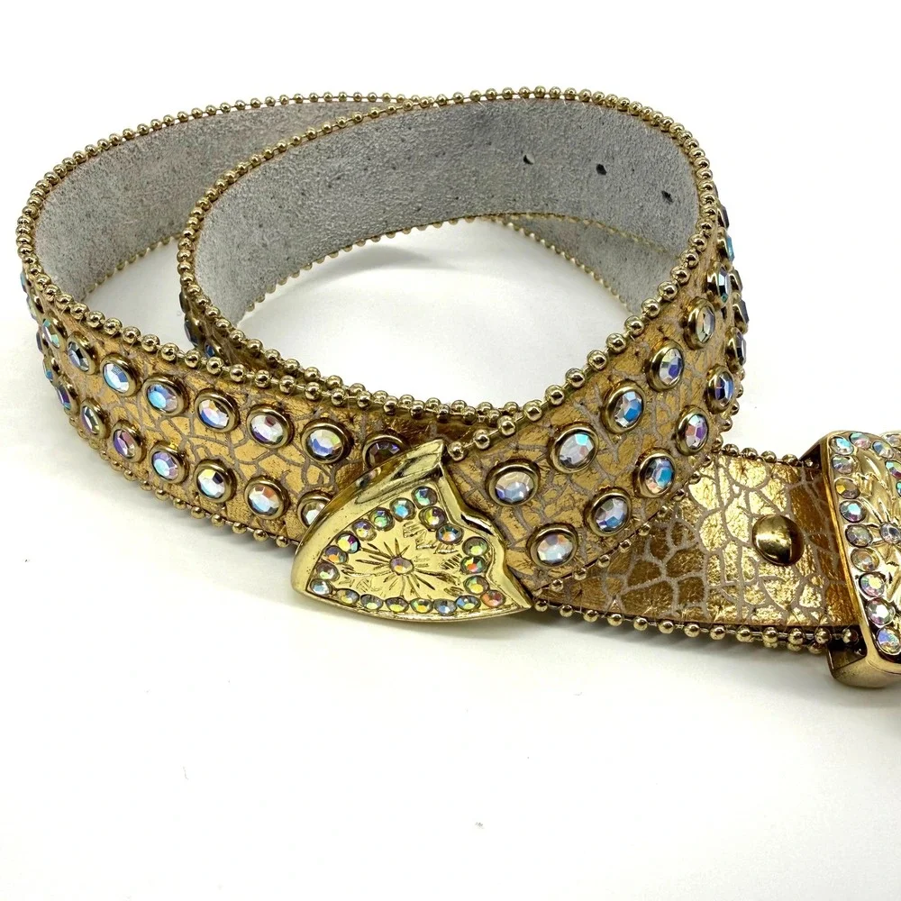 Gold Metallic Rhinestone Western Belt Small Crystal Embossed Croc Cowgirl Bling